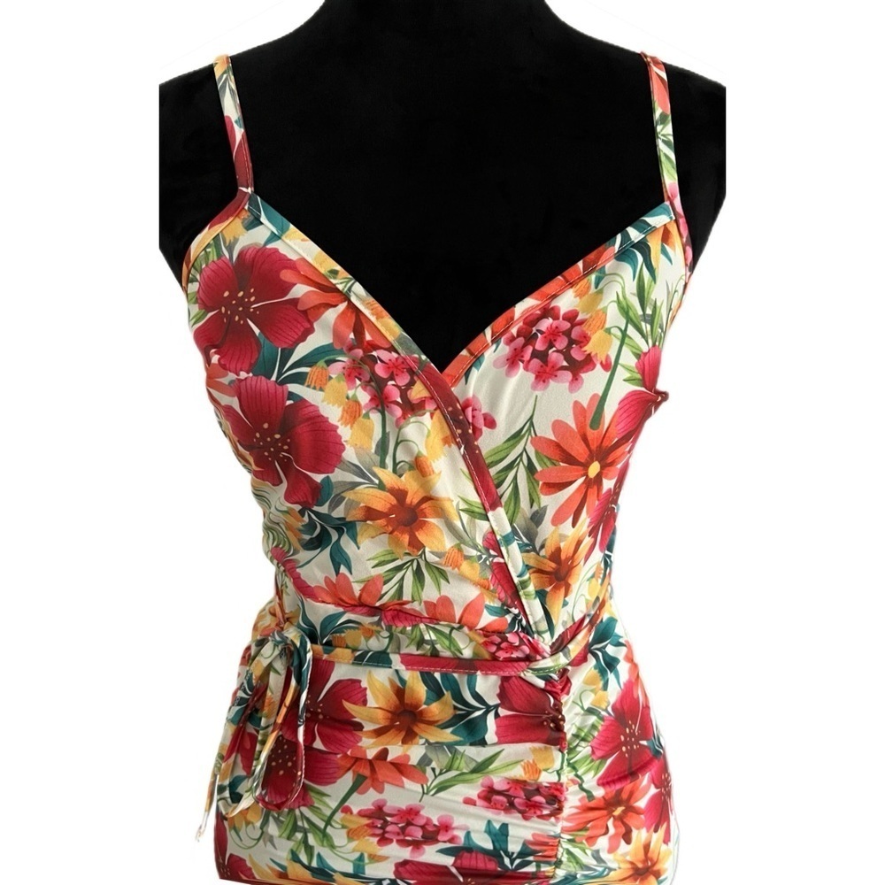 Multicolor Tropical Floral Tie Waist Ruffled Sleeveless Bodycon Mini Dress NWOT - Picture 5 of 7
